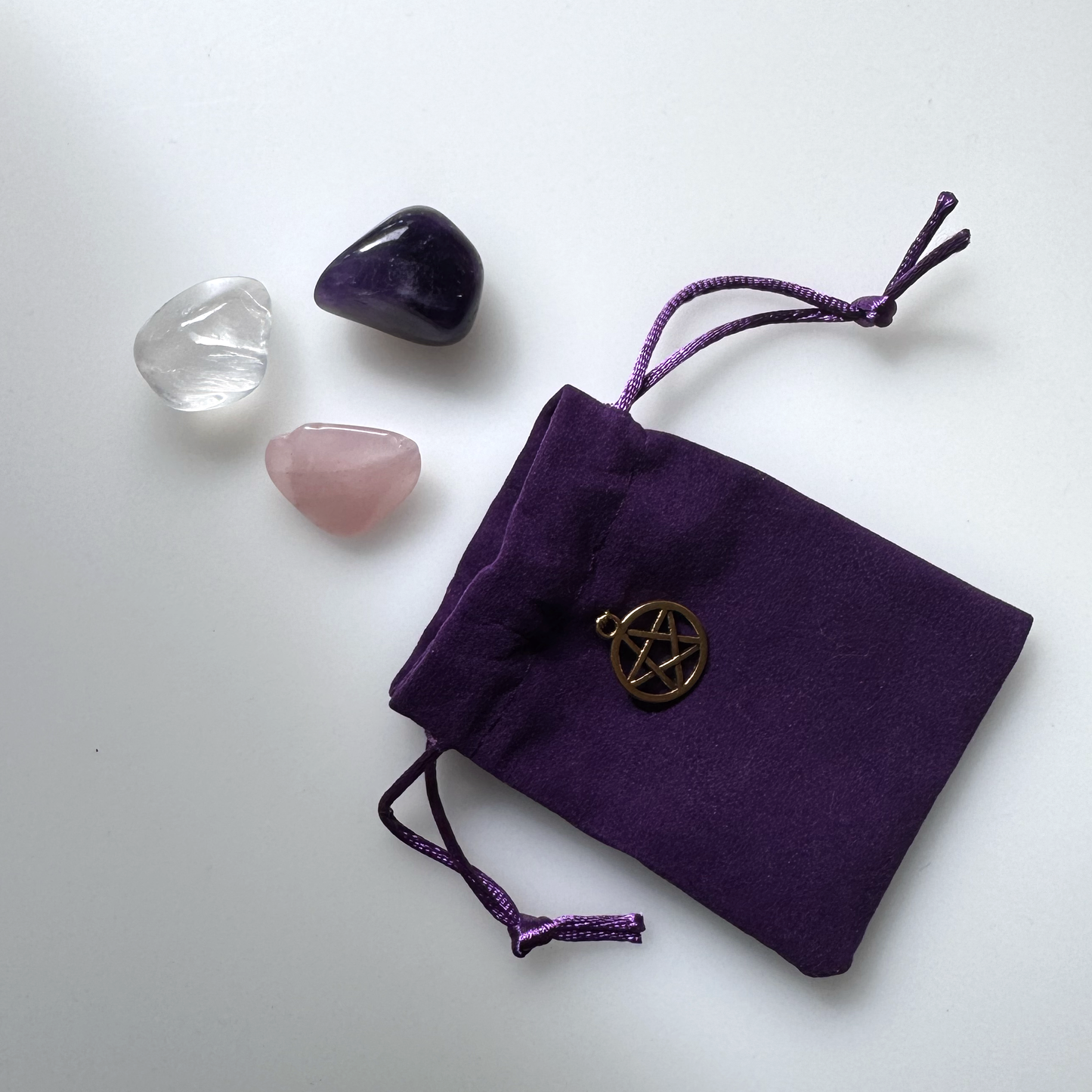 Beginner Witch Crystals Pouch | Amethyst, Rose Quartz, Clear Quartz